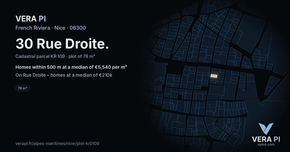 30 Rue Droite, Nice at night – the plot lit, the parcels around coloured by the prices near them