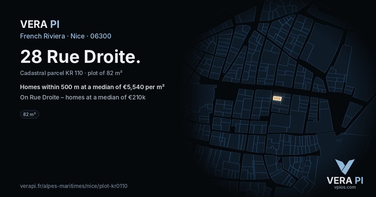 28 Rue Droite, Nice at night – the plot lit, the parcels around coloured by the prices near them