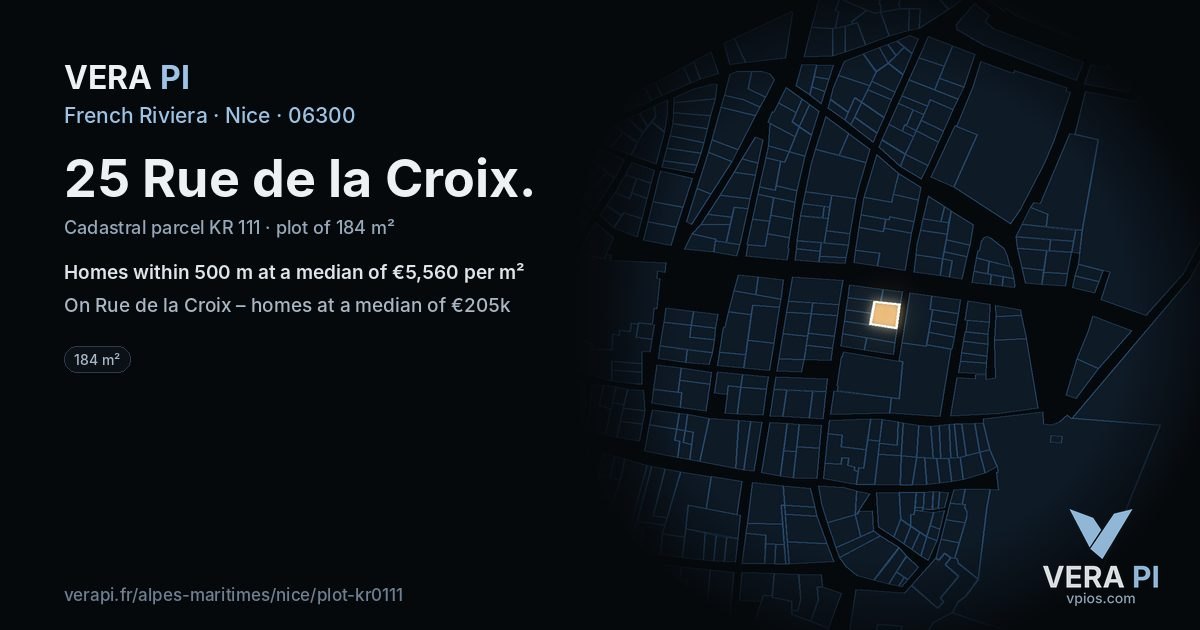 25 Rue de la Croix, Nice at night – the plot lit, the parcels around coloured by the prices near them