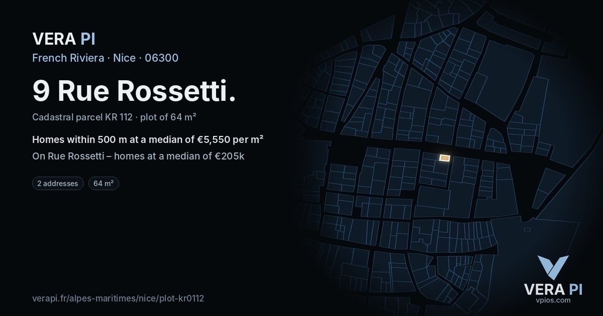 9 Rue Rossetti, Nice at night – the plot lit, the parcels around coloured by the prices near them