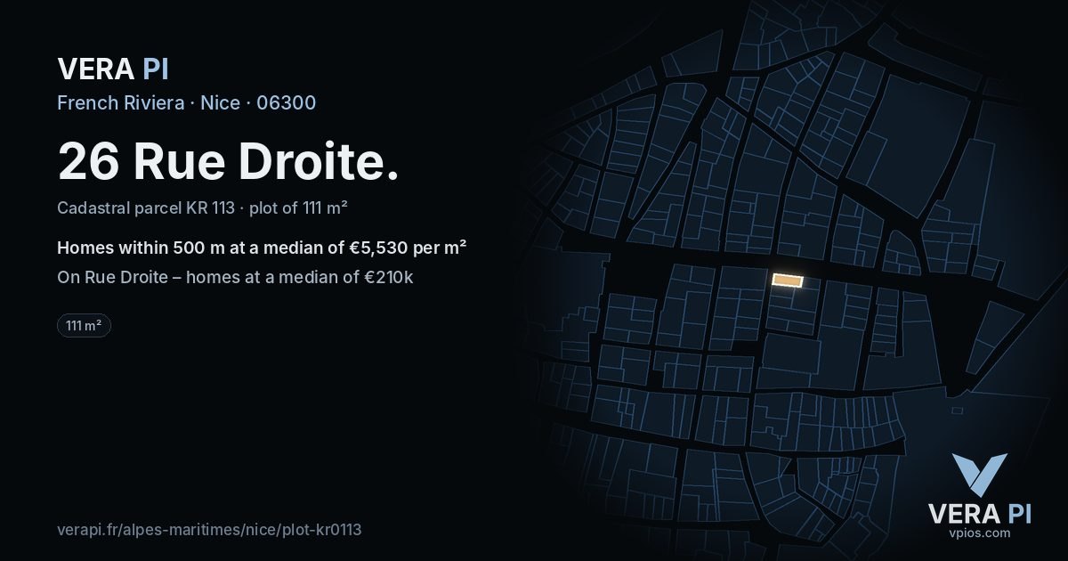 26 Rue Droite, Nice at night – the plot lit, the parcels around coloured by the prices near them