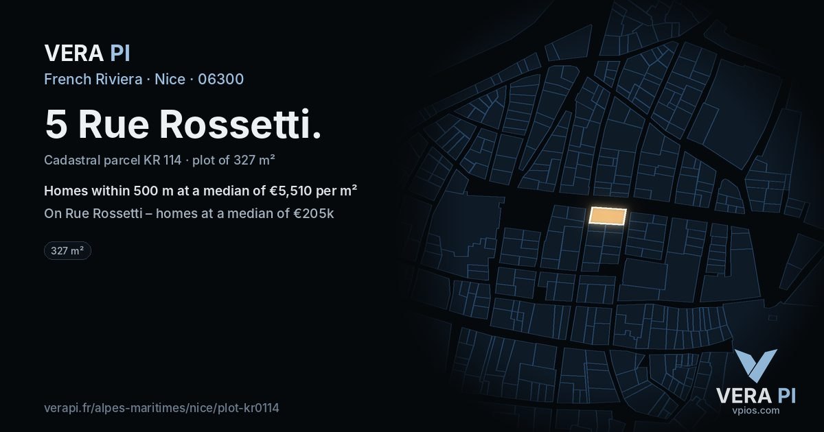 5 Rue Rossetti, Nice at night – the plot lit, the parcels around coloured by the prices near them
