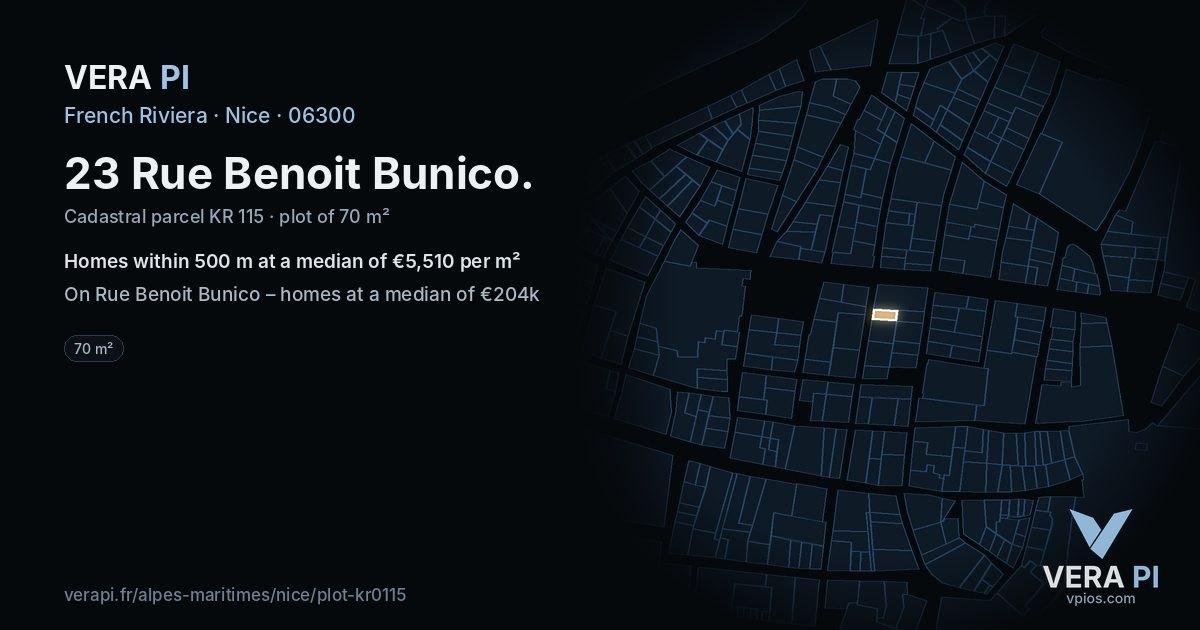 23 Rue Benoit Bunico, Nice at night – the plot lit, the parcels around coloured by the prices near them