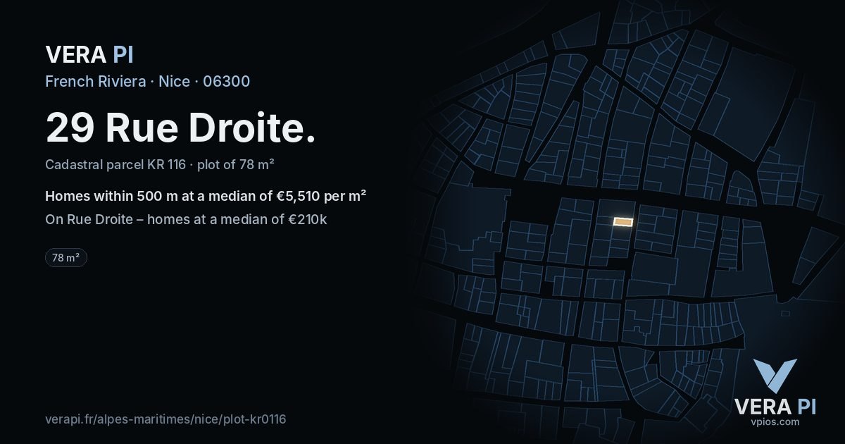 29 Rue Droite, Nice at night – the plot lit, the parcels around coloured by the prices near them