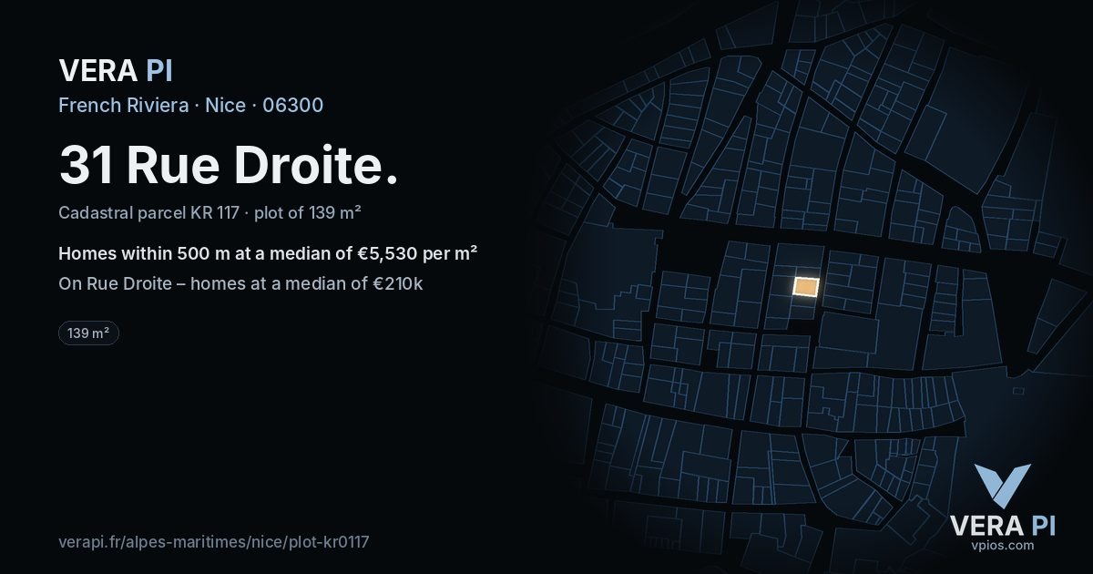 31 Rue Droite, Nice at night – the plot lit, the parcels around coloured by the prices near them