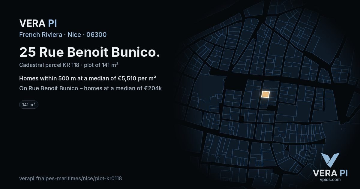 25 Rue Benoit Bunico, Nice at night – the plot lit, the parcels around coloured by the prices near them