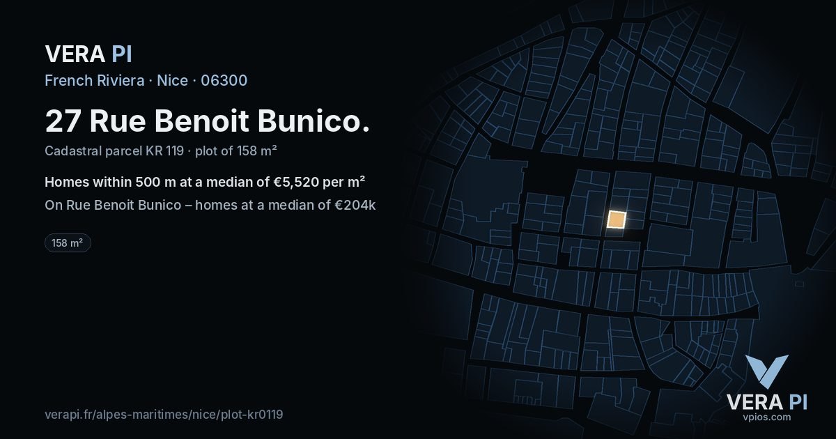 27 Rue Benoit Bunico, Nice at night – the plot lit, the parcels around coloured by the prices near them