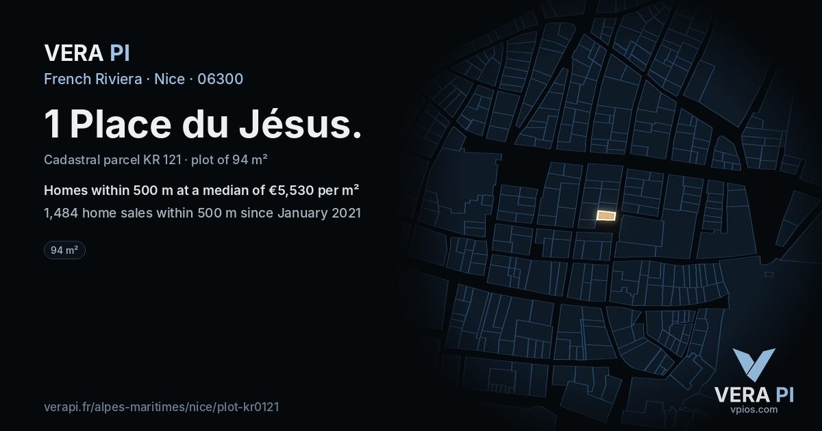 1 Place du Jésus, Nice at night – the plot lit, the parcels around coloured by the prices near them