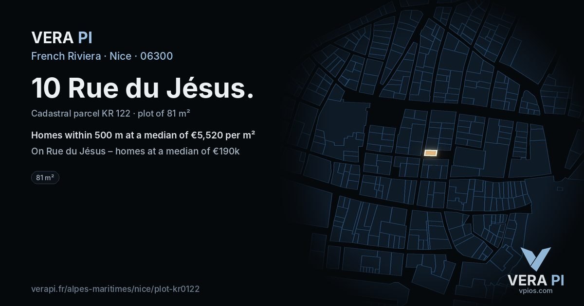 10 Rue du Jésus, Nice at night – the plot lit, the parcels around coloured by the prices near them