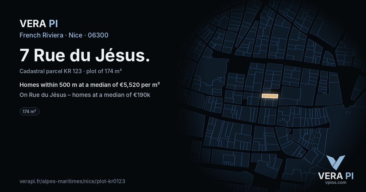 7 Rue du Jésus, Nice at night – the plot lit, the parcels around coloured by the prices near them