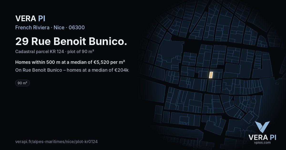 29 Rue Benoit Bunico, Nice at night – the plot lit, the parcels around coloured by the prices near them