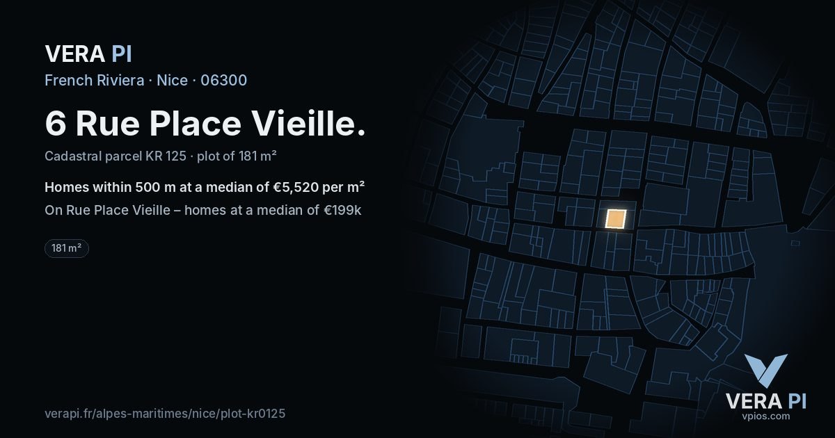 6 Rue Place Vieille, Nice at night – the plot lit, the parcels around coloured by the prices near them