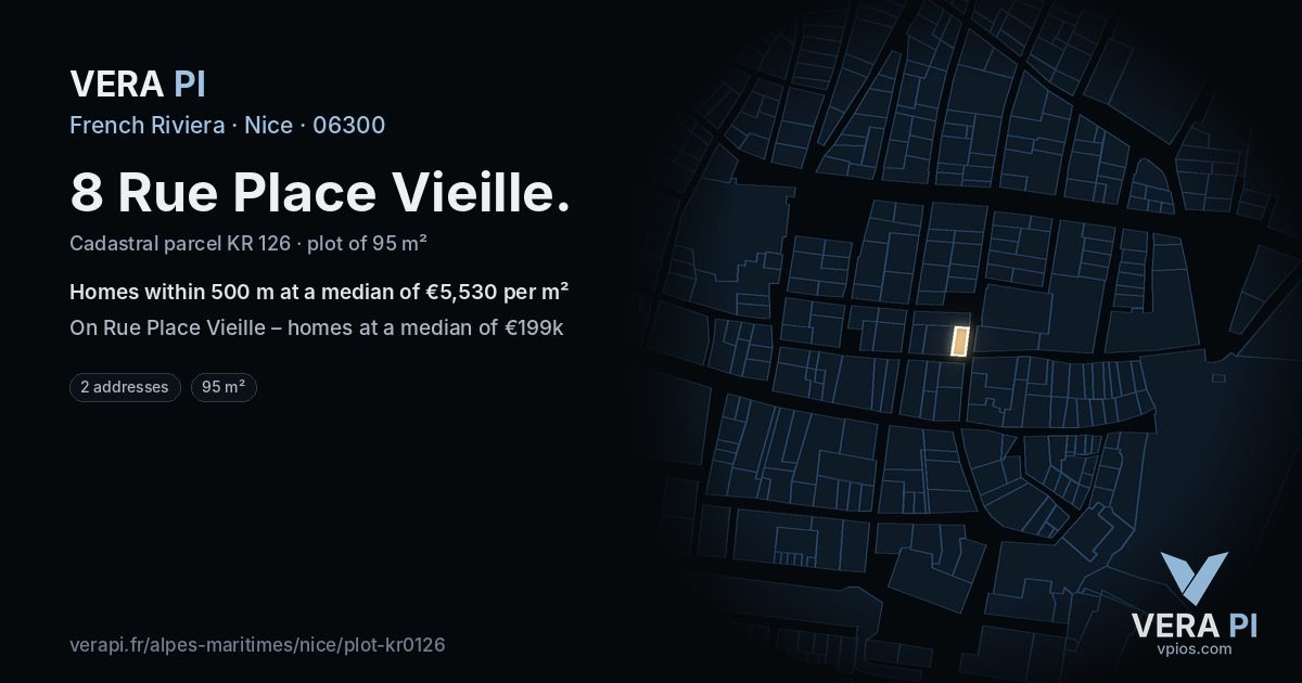 8 Rue Place Vieille, Nice at night – the plot lit, the parcels around coloured by the prices near them