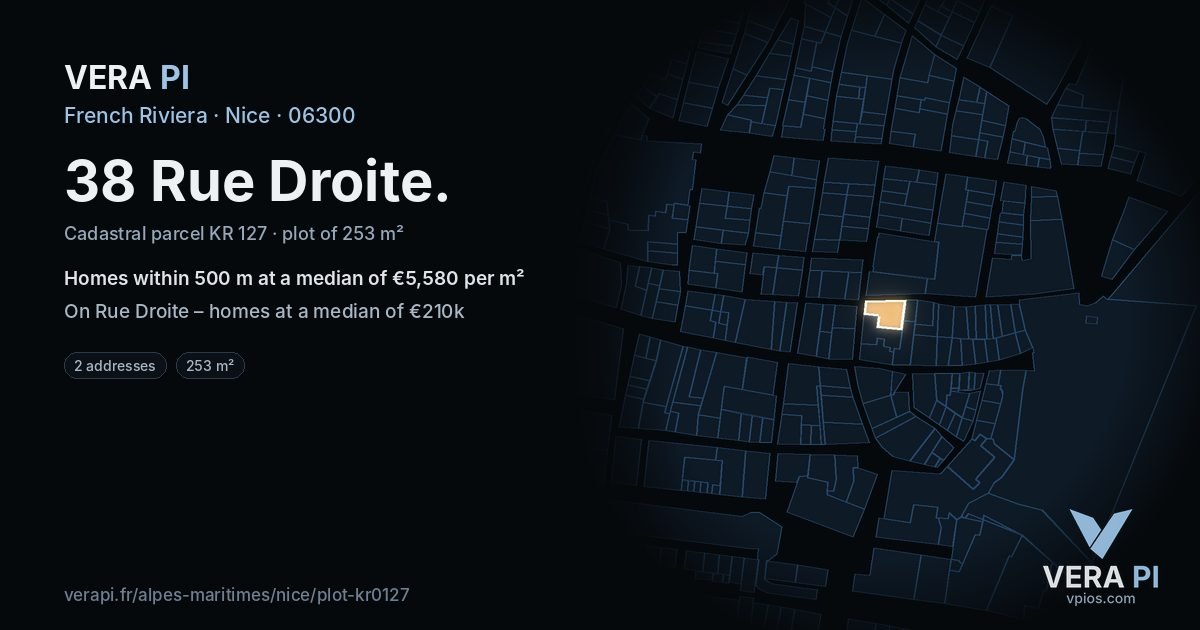 38 Rue Droite, Nice at night – the plot lit, the parcels around coloured by the prices near them