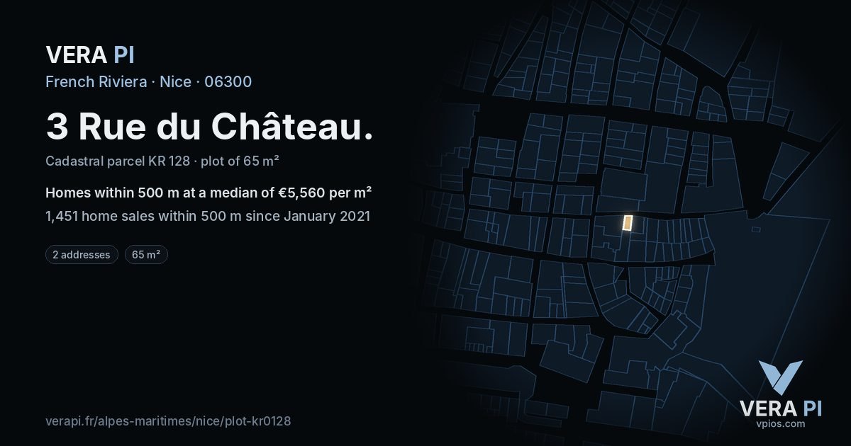 3 Rue du Château, Nice at night – the plot lit, the parcels around coloured by the prices near them