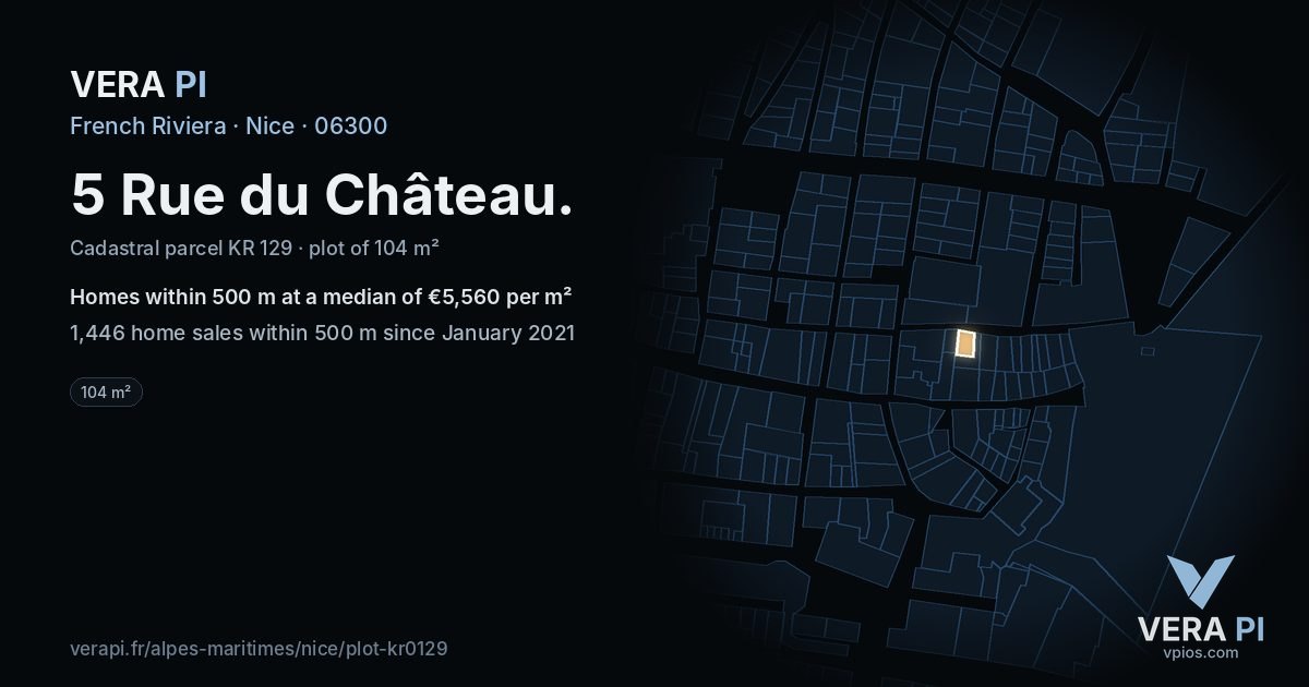 5 Rue du Château, Nice at night – the plot lit, the parcels around coloured by the prices near them