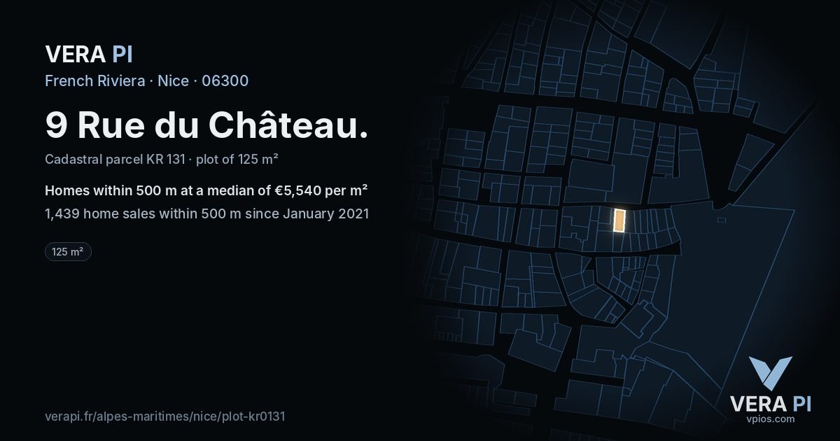 9 Rue du Château, Nice at night – the plot lit, the parcels around coloured by the prices near them