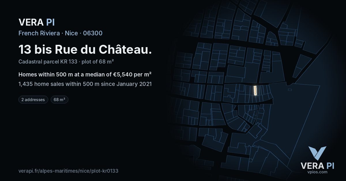 13 bis Rue du Château, Nice at night – the plot lit, the parcels around coloured by the prices near them