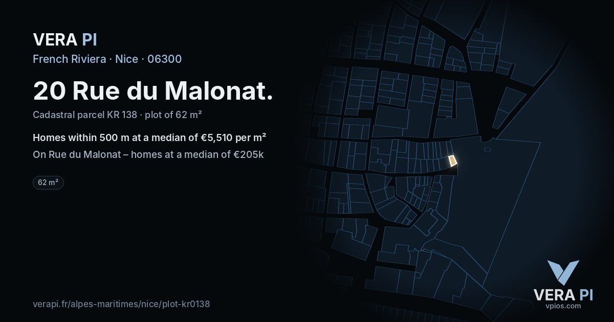 20 Rue du Malonat, Nice at night – the plot lit, the parcels around coloured by the prices near them