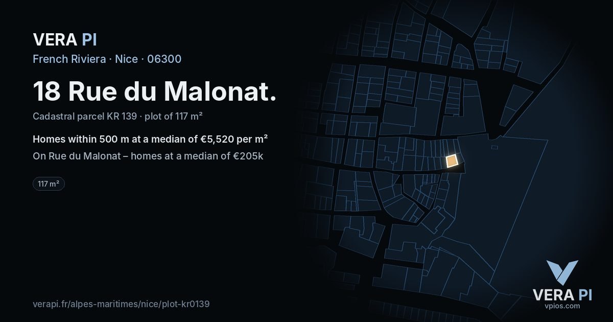 18 Rue du Malonat, Nice at night – the plot lit, the parcels around coloured by the prices near them