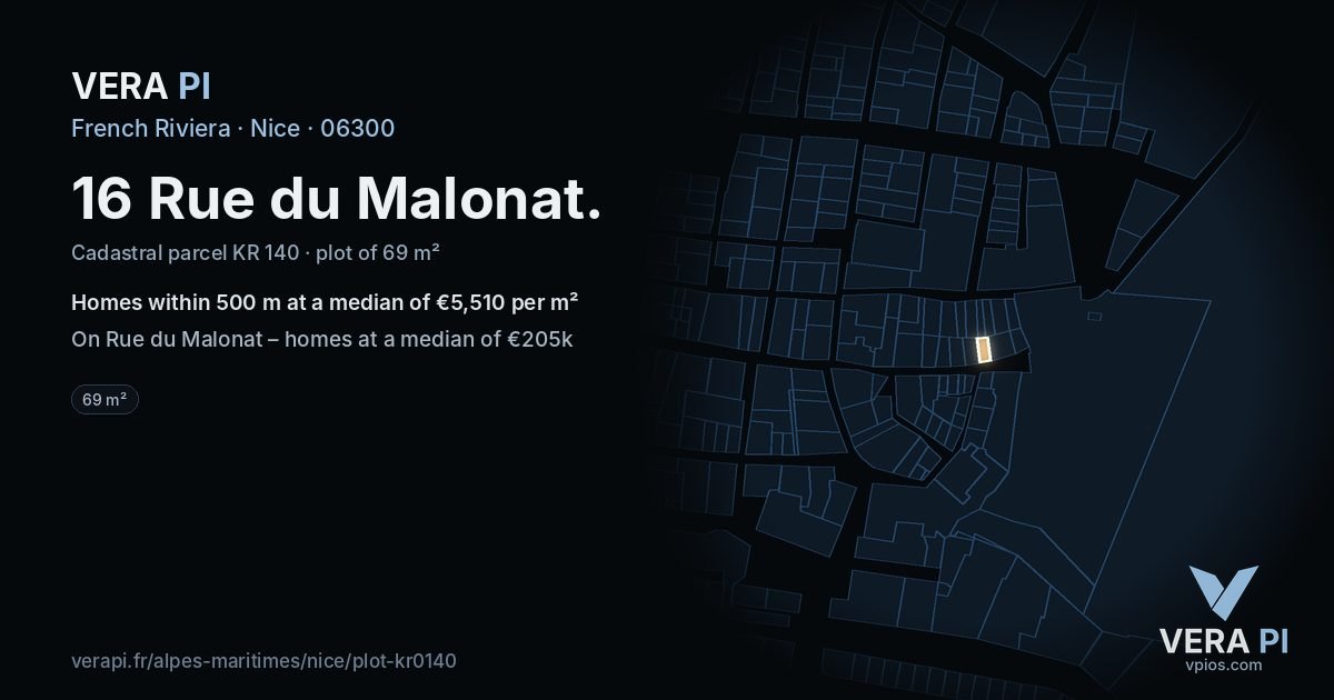 16 Rue du Malonat, Nice at night – the plot lit, the parcels around coloured by the prices near them