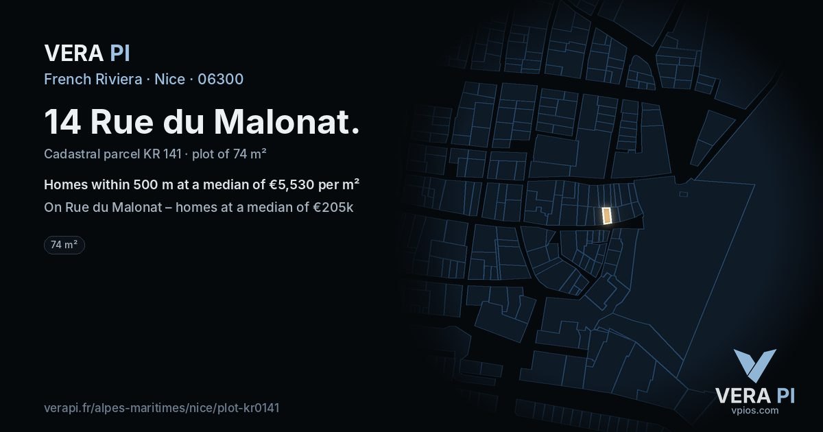 14 Rue du Malonat, Nice at night – the plot lit, the parcels around coloured by the prices near them