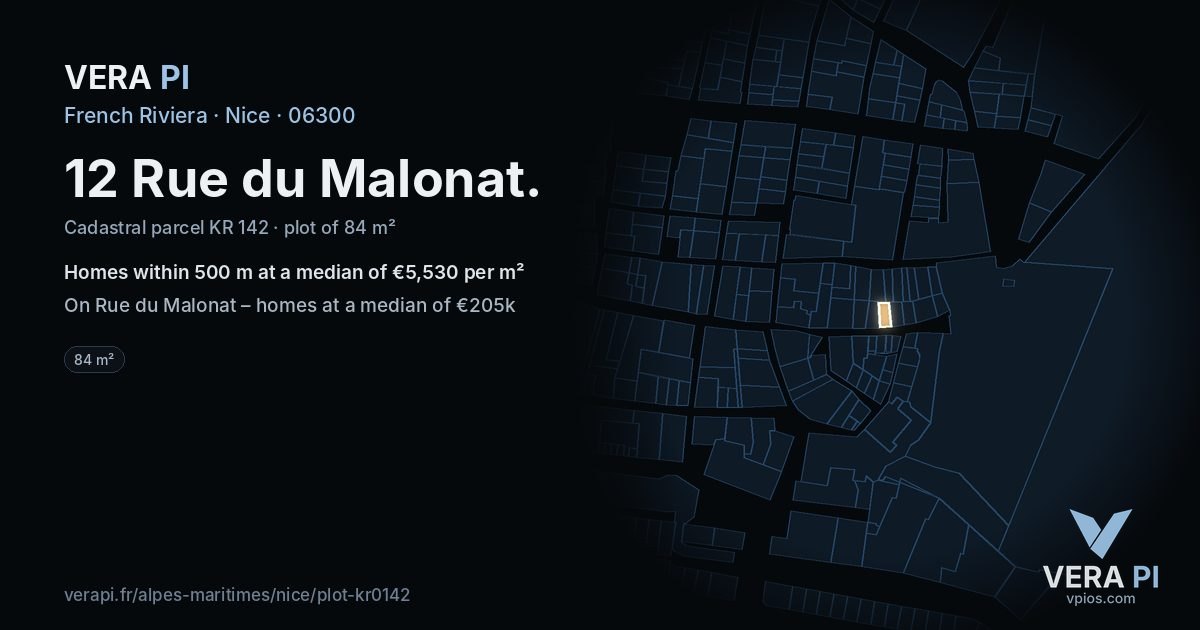 12 Rue du Malonat, Nice at night – the plot lit, the parcels around coloured by the prices near them