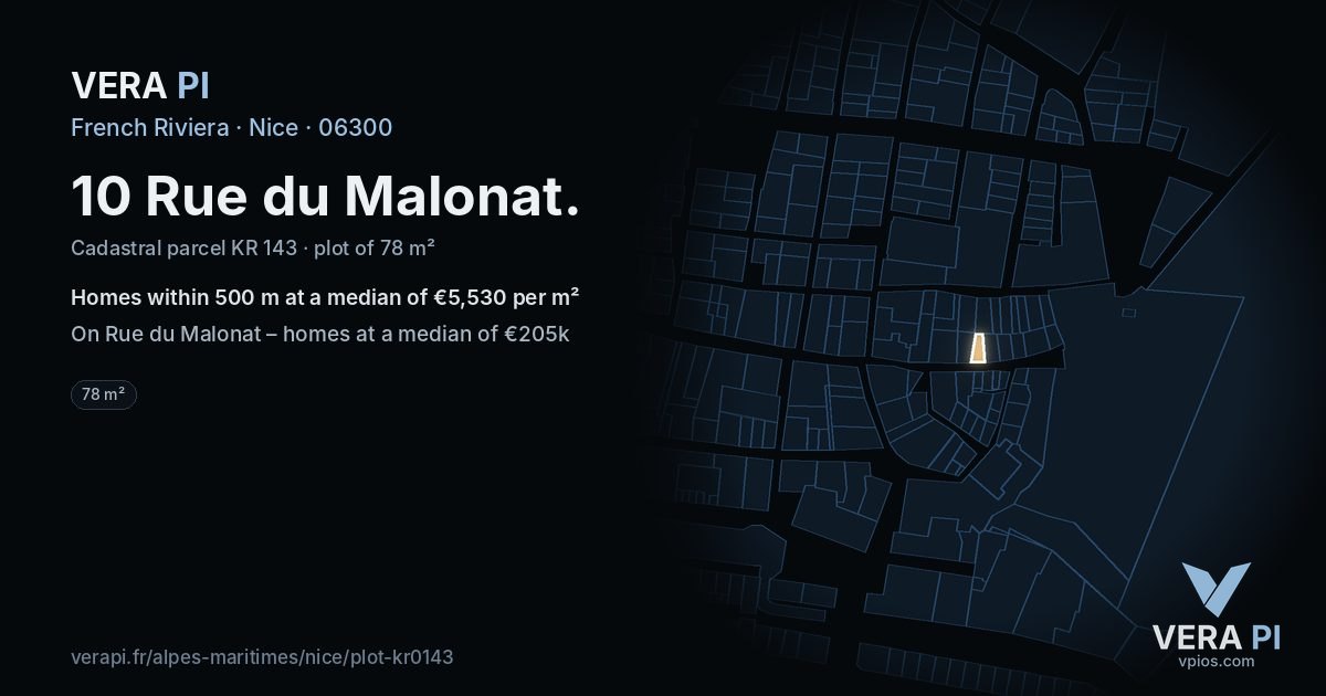 10 Rue du Malonat, Nice at night – the plot lit, the parcels around coloured by the prices near them