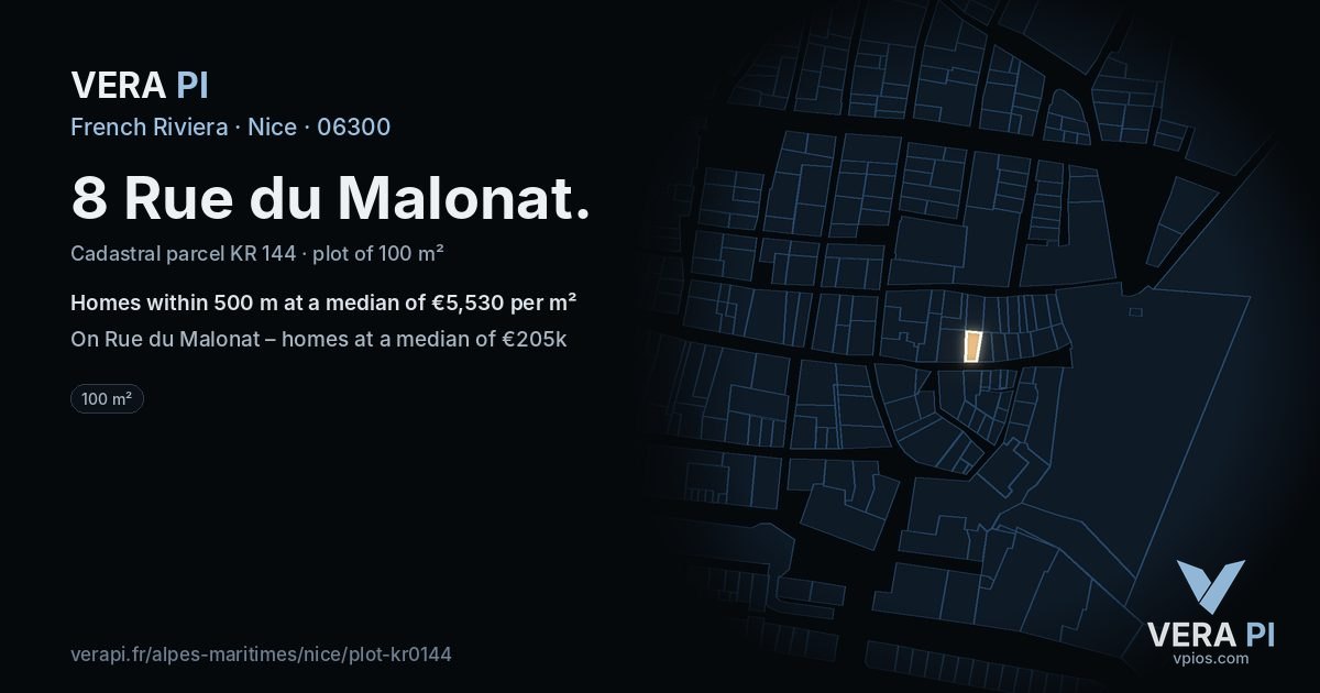 8 Rue du Malonat, Nice at night – the plot lit, the parcels around coloured by the prices near them