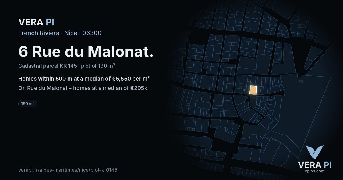 6 Rue du Malonat, Nice at night – the plot lit, the parcels around coloured by the prices near them