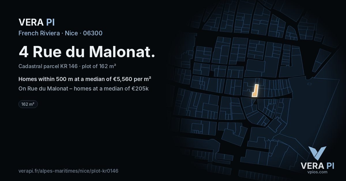 4 Rue du Malonat, Nice at night – the plot lit, the parcels around coloured by the prices near them