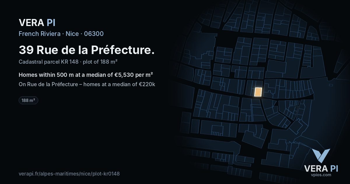 39 Rue de la Préfecture, Nice at night – the plot lit, the parcels around coloured by the prices near them