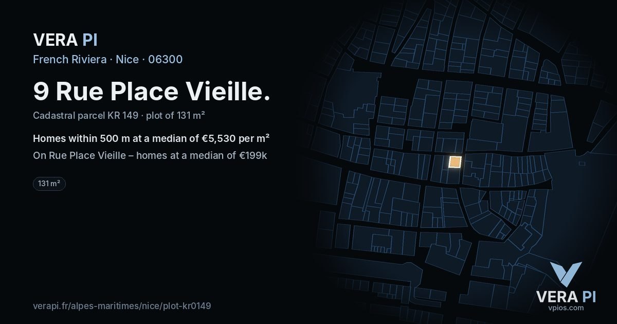 9 Rue Place Vieille, Nice at night – the plot lit, the parcels around coloured by the prices near them