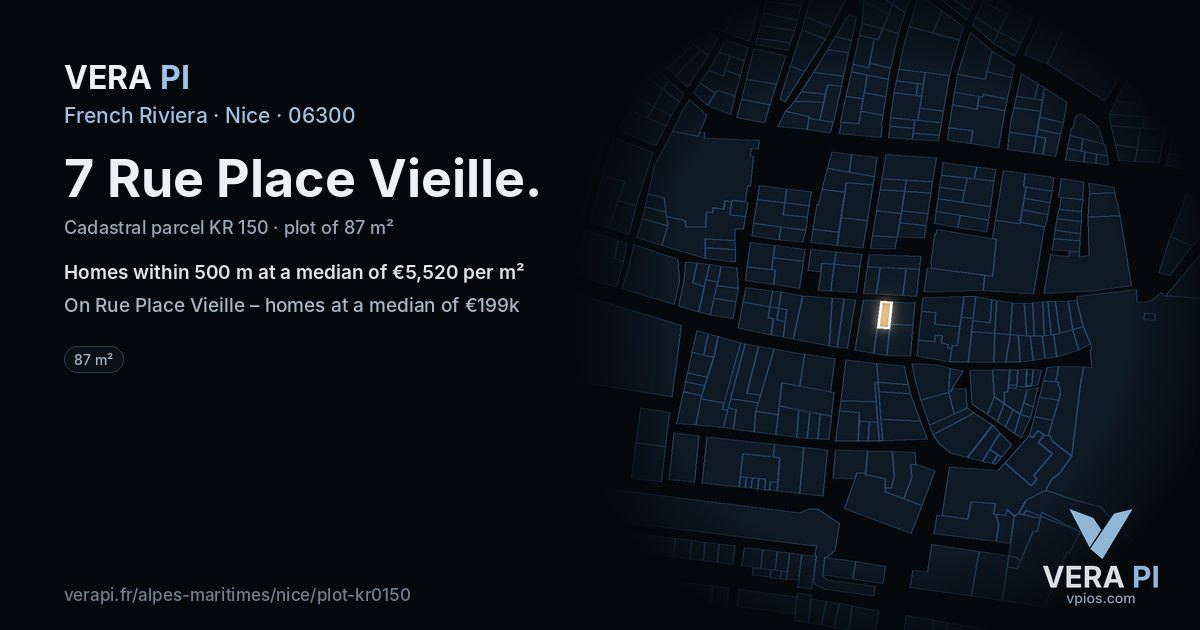 7 Rue Place Vieille, Nice at night – the plot lit, the parcels around coloured by the prices near them
