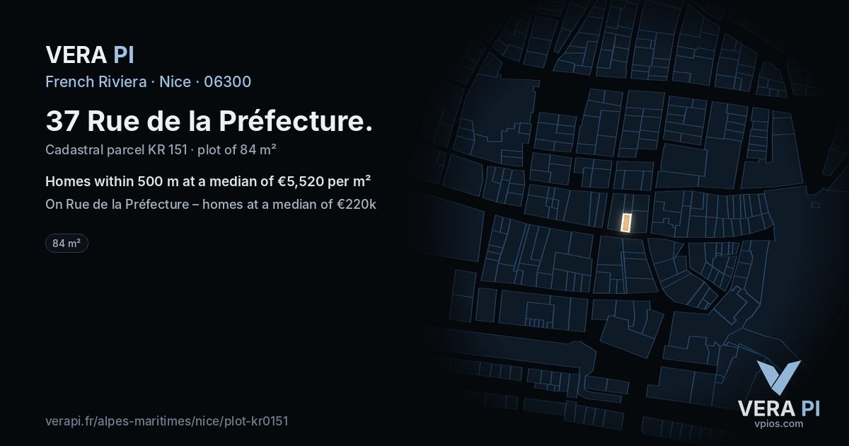 37 Rue de la Préfecture, Nice at night – the plot lit, the parcels around coloured by the prices near them