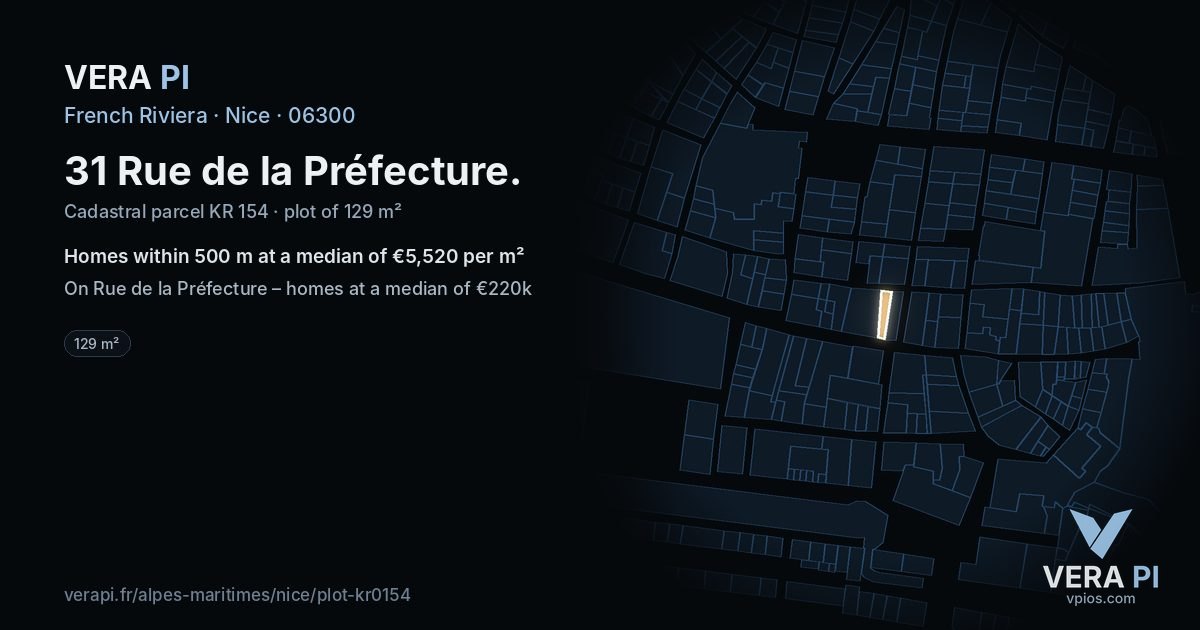 31 Rue de la Préfecture, Nice at night – the plot lit, the parcels around coloured by the prices near them
