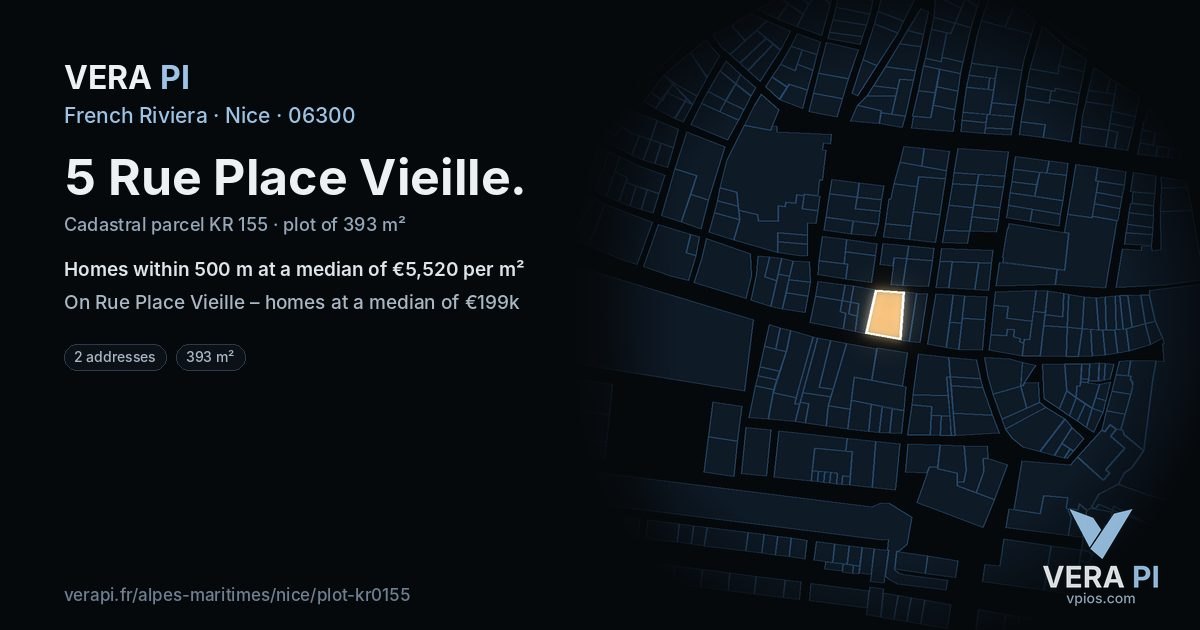 5 Rue Place Vieille, Nice at night – the plot lit, the parcels around coloured by the prices near them