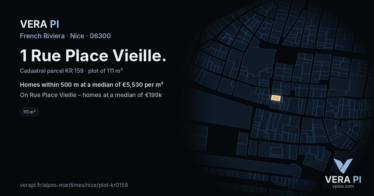 1 Rue Place Vieille, Nice at night – the plot lit, the parcels around coloured by the prices near them