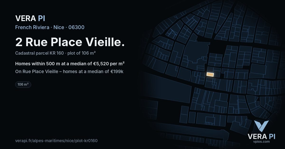 2 Rue Place Vieille, Nice at night – the plot lit, the parcels around coloured by the prices near them