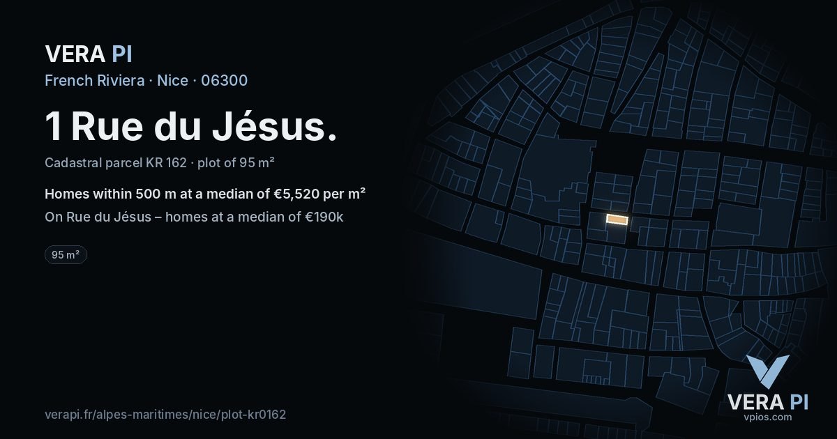 1 Rue du Jésus, Nice at night – the plot lit, the parcels around coloured by the prices near them
