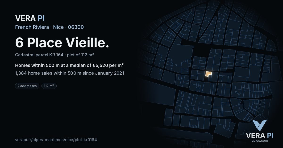 6 Place Vieille, Nice at night – the plot lit, the parcels around coloured by the prices near them