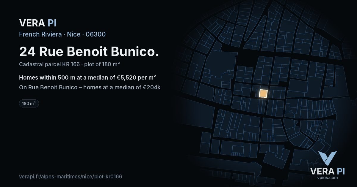 24 Rue Benoit Bunico, Nice at night – the plot lit, the parcels around coloured by the prices near them