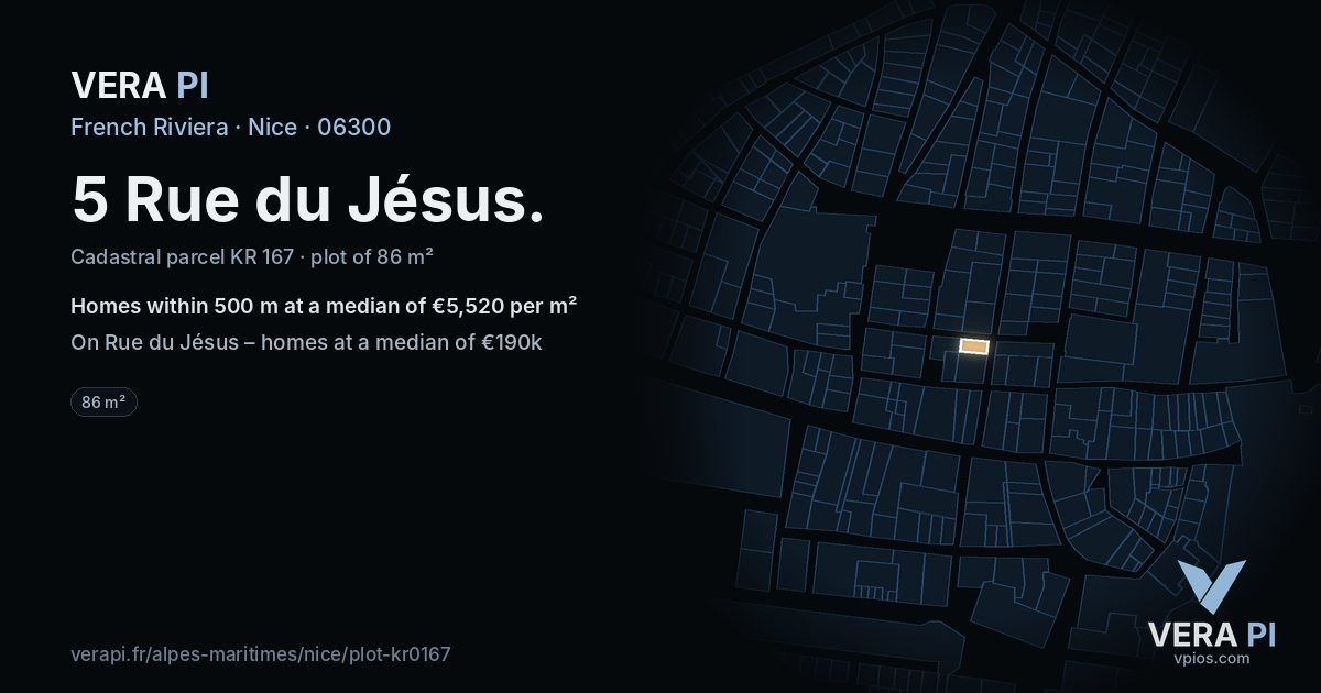 5 Rue du Jésus, Nice at night – the plot lit, the parcels around coloured by the prices near them