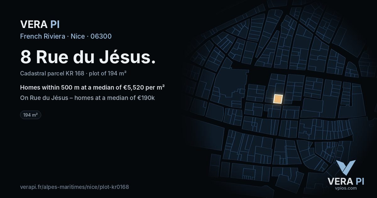8 Rue du Jésus, Nice at night – the plot lit, the parcels around coloured by the prices near them