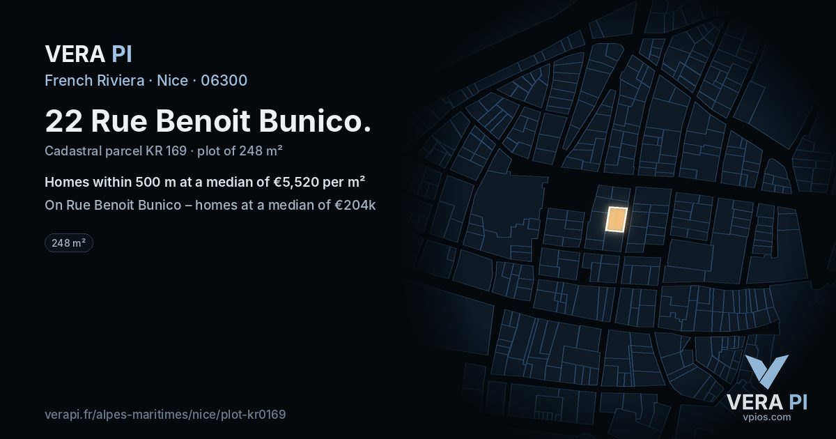 22 Rue Benoit Bunico, Nice at night – the plot lit, the parcels around coloured by the prices near them