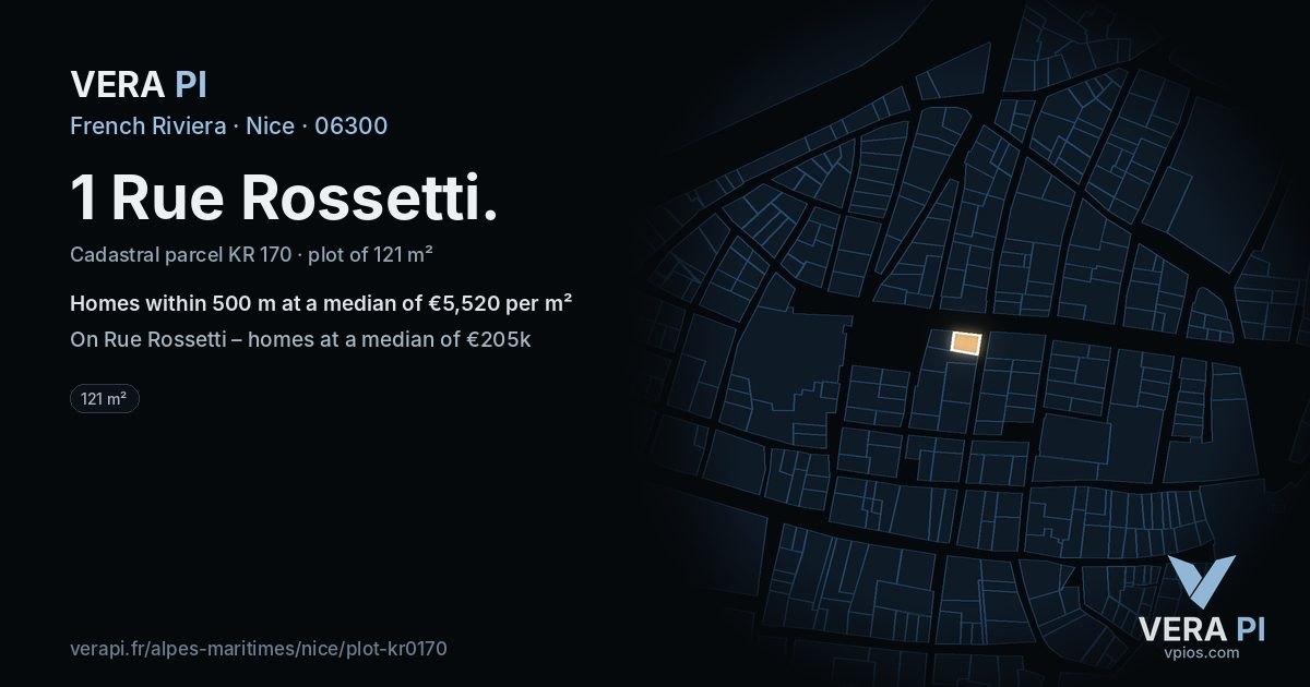 1 Rue Rossetti, Nice at night – the plot lit, the parcels around coloured by the prices near them