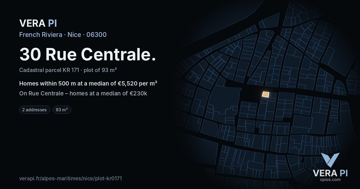30 Rue Centrale, Nice at night – the plot lit, the parcels around coloured by the prices near them