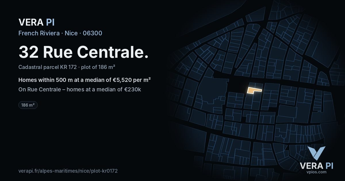32 Rue Centrale, Nice at night – the plot lit, the parcels around coloured by the prices near them