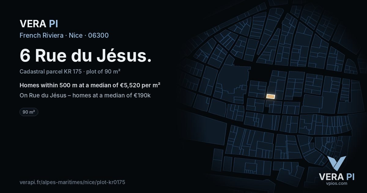 6 Rue du Jésus, Nice at night – the plot lit, the parcels around coloured by the prices near them
