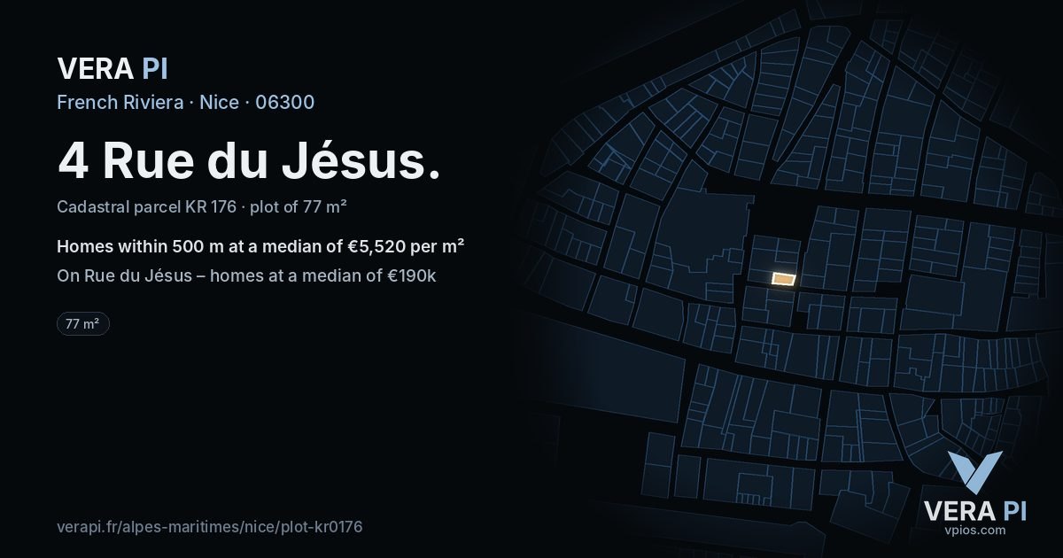 4 Rue du Jésus, Nice at night – the plot lit, the parcels around coloured by the prices near them